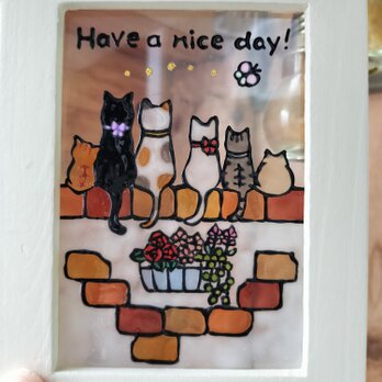 送料無料*ステンドグラス風*猫とレンガの壁･ハンドメイド♪の画像