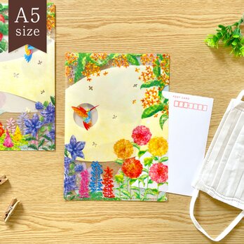 花とハチドリのクリアファイル〈A5サイズ〉書類整理 マスクケース クリアホルダー 文具 雑貨 花 鳥 おしゃれ 可愛いの画像