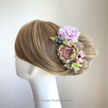 薔薇とラナンキュラスのヘッドドレス　モーブピンク　コスモス　秋色　結婚式　ウェディング　髪飾り　ブライダル　花嫁ヘアの画像