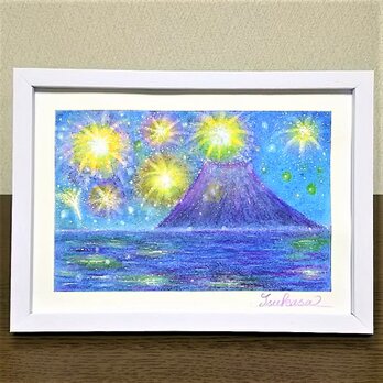 パステルアート　花火と富士山　パステル画原画の画像