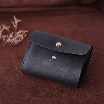 刺繍のある今いい財布　三つ折り　ミニ財布　ブラック　綿毛の刺繍の画像