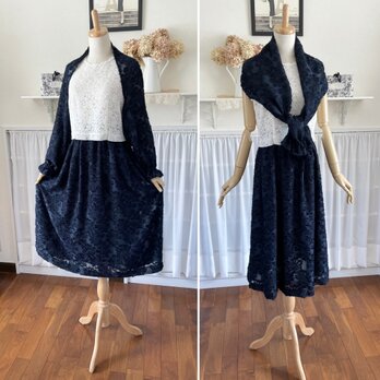 ♦️チャリティSale!♦️マーガレット＆スカートのセットアップ『紺・サイズフリー・裏付きスカート・花模様・フリンジ』の画像
