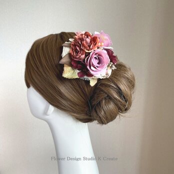 モーブピンクの薔薇とボルドーの紫陽花のヘアクリップ　発表会　結婚式　イベント　ロリータの画像