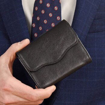 【スキミング防止機能付き】二つ折り財布 レディース イタリアンレザー 本革 ミニ財布 ブラック TOW010の画像