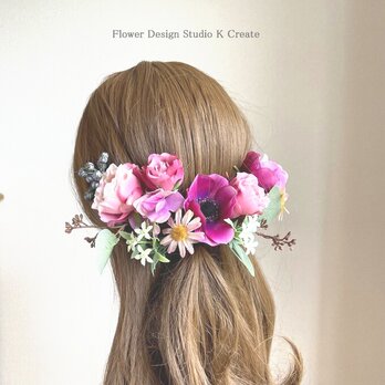 アネモネと薔薇のヘッドドレス　紫陽花　ユーカリ　結婚式　ウェディング　髪飾り　ブライダル　花嫁ヘアの画像