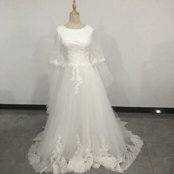 フランス風 ウエディングドレス ホワイト 繊細レース 短トレーン 憧れのドレス マーメイドラインエレガント シアーなの画像