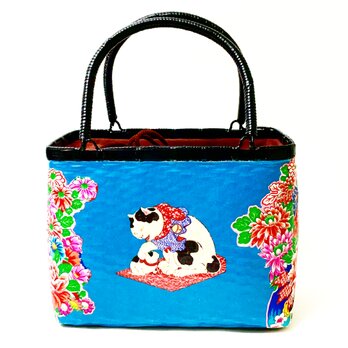 一閑張りバッグ中袋付き　『新・猫と花シリーズ　青』　浮世絵仕上げの画像