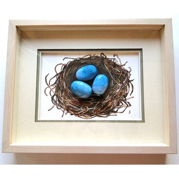 青い卵と鳥の巣の水彩絵画 アート 原画 額装 ペン画の画像