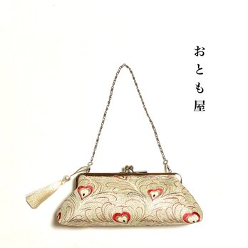 2way　絹帯バッグ　パーティーバッグ　孔雀　ハート　金　赤　アヴァンギャルド　和　モダン　和装着物　日本文化　伝統　華の画像