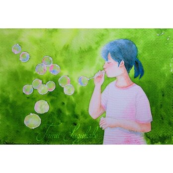 水彩画・原画「シャボン玉を飛ばす少女」の画像