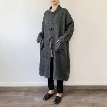 en-en　リネン・グレンチェック・ヘチマカラーコート・黒×グレー粗目織り（裏地付き）の画像