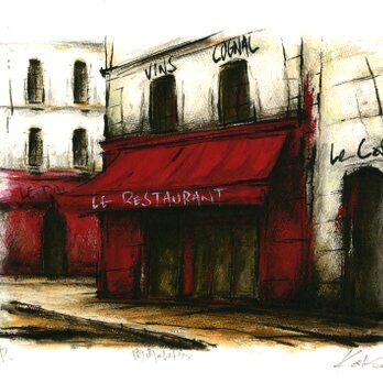 風景画 パリ 版画「赤いひさしのレストラン」の画像