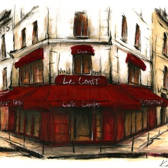 風景画 パリ 版画「街角のカフェ」の画像