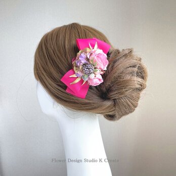 ピンクの薔薇とパールのリボンコーム　フラメンコ　お花のコーム　浴衣髪飾り　髪飾り　卒業袴　ダンス髪飾りの画像
