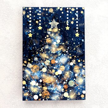 クリスマスツリー雪と星の夜(アクリル原画)の画像