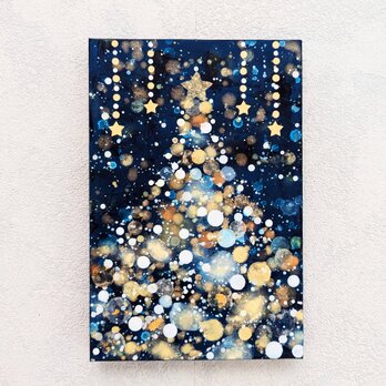 クリスマスツリー雪と星の夜(アクリル原画)の画像