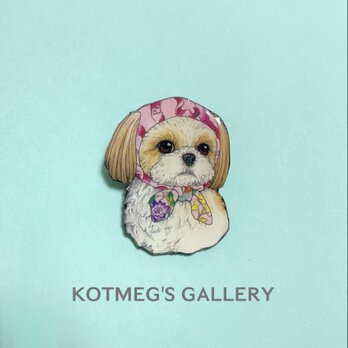 シーズー  ほっかむり ブローチ　オリジナル イラスト 犬 いぬ わんちゃん　花　茶　ピンクの画像