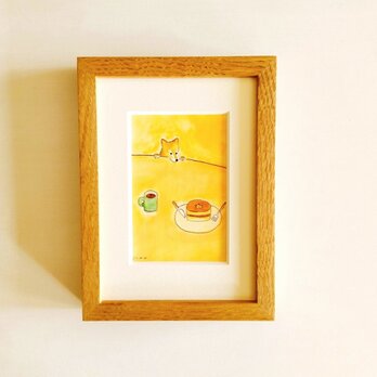 【再販】原画「ホットケーキ」 ※木製額縁入り（2Lサイズ）水彩・イラスト・インテリアアート・犬の絵・送料無料