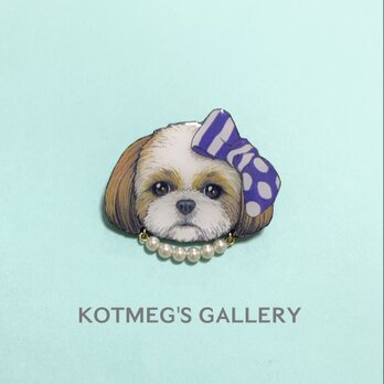 シーズー  パール ブローチ　オリジナル イラスト 犬 いぬ わんちゃん　ドット リボン　紫の画像