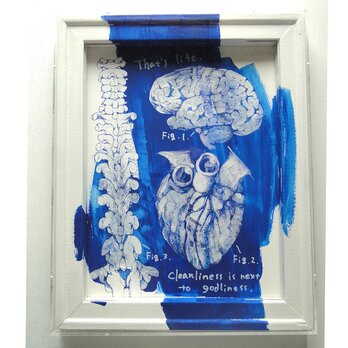 脳・心臓・脊髄の青い絵画 アート 原画 アクリルフレーム ペン画 科学 理科の画像