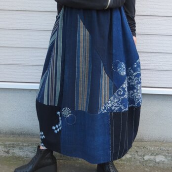 古布リメイク　藍染切り替えコクーンスカート　襤褸　刺し子　大人可愛い　時々堂　ゆったりサイズの画像