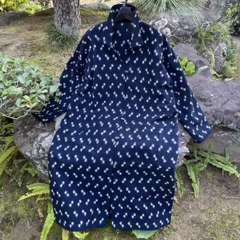 【着物リメイク】絣の衿付きコートワンピース/藍染めの画像