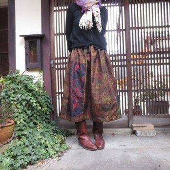 着物リメイクスカート☆大人な紬に配色パッチして７7㎝丈の画像