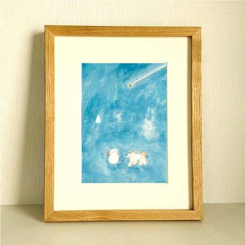 「雪だるまと白い犬」イラスト 原画※木製額縁入り（インチサイズ）北欧インテリア