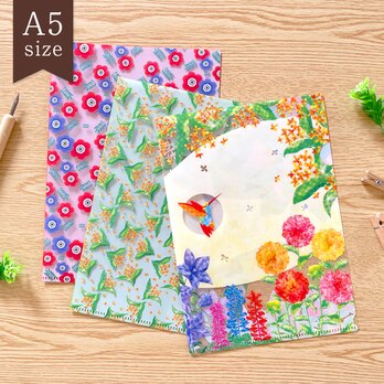 お花のクリアファイル3枚セット〈A5サイズ〉アネモネ｜金木犀｜花とハチドリ 書類整理 マスクケース 花柄 おしゃれ 文具の画像
