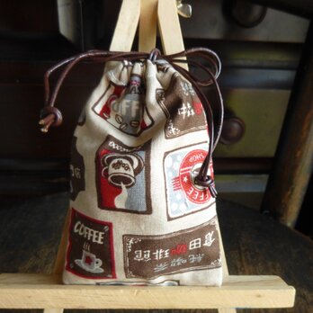 レトロな喫茶店柄のお守り袋のようなミニ巾着袋（送料無料）の画像