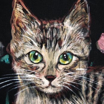 「花と猫」ペット　似顔絵 猫 Tシャツ　お好きなポーズ・写真で♪　リアル描写　綿　名入れ　プレゼントの画像