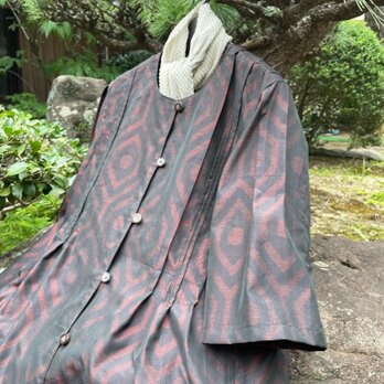 【着物リメイク】大島紬の羽織れるワンピース/タック/Aラインの画像