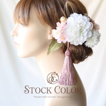 ダリアと八重桜のヘッドドレス ヘアアクセサリー(ホワイト)＊結婚式 成人式 ウェディング 前撮り 髪飾りの画像