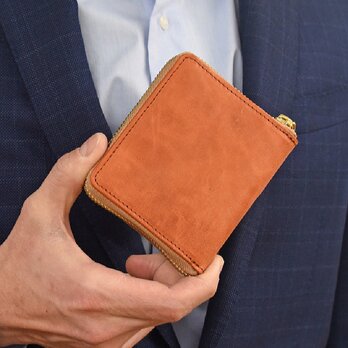 スキミング防止機能付き 馬革 二つ折り財布  コンパクト ビジネス ミニ財布  オレンジ JAW008の画像