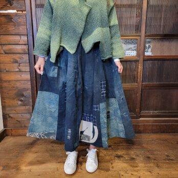 着物リメイク　古布　手作り　BORO ボロ　型染めパッチ　スカートの画像