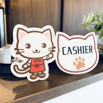 【送料無料】白猫イラスト cashier お会計サインスタンド レジ レジ前 お釣り お勘定 子猫 かわいい 表示板の画像