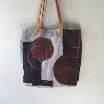 手染めのコラージュと刺し子のバッグ『丸い形と長方形』の画像