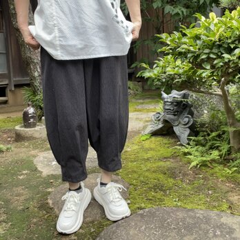 【着物リメイク】裾タックのゆったりパンツ/綿/刺し子の画像