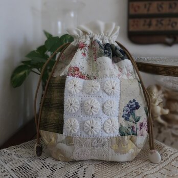 【Sale】アンティーク風　花模様の巾着バッグの画像