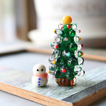 ガラスのクリスマスツリー＆雪だるま　ミニサイズの画像