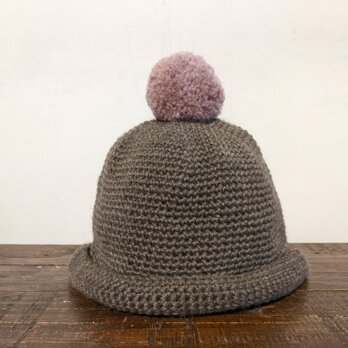 ／pompom knit cap／ grey×pinkの画像