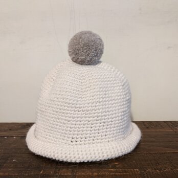 ／pompom knit cap／ white×greyの画像