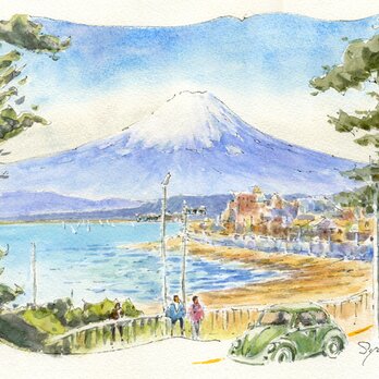 水彩画原画　富士山と稲村ヶ崎　＃565の画像