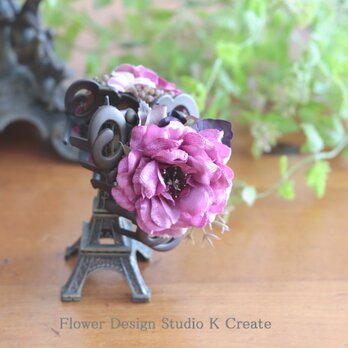 ピンクの薔薇と秋紫陽花のバンスクリップ　髪飾り　ヘアクリップ　ローズピンク　茶　結婚式　参列　フォーマル　バラ　お出掛けの画像