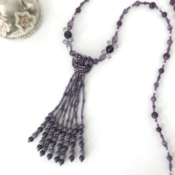 クラシカル ビーズ タッセル Ｙ字ネックレス　紫 パープル チェコガラス