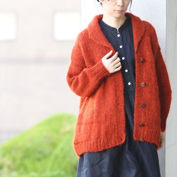 【限定1】ふんわりモヘア 手編み ジャケット ニットカーディガン （テラコッタ）の画像