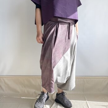 【1点もの】さんかくパンツ 総手縫い-グレージュのウールとシルクウールの着物地 紫  （ヴィンテージ） TRP75の画像