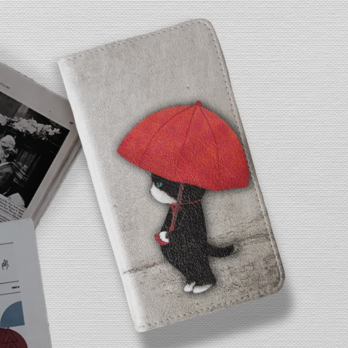 ★送料無料★雨降り子猫の手帳型スマホケース (全機種対応/Lサイズ)の画像