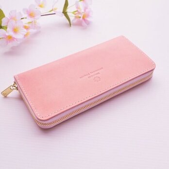 乙女椿のような春色ピンク ゴールドラウンドファスナー長財布の画像