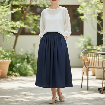 肌触り抜群の綿コットン⤴ギャザーたっぷりウエストゴムで軽い穿き心地がクセになる広がりすぎないふんわりスカート:紺ネイビー